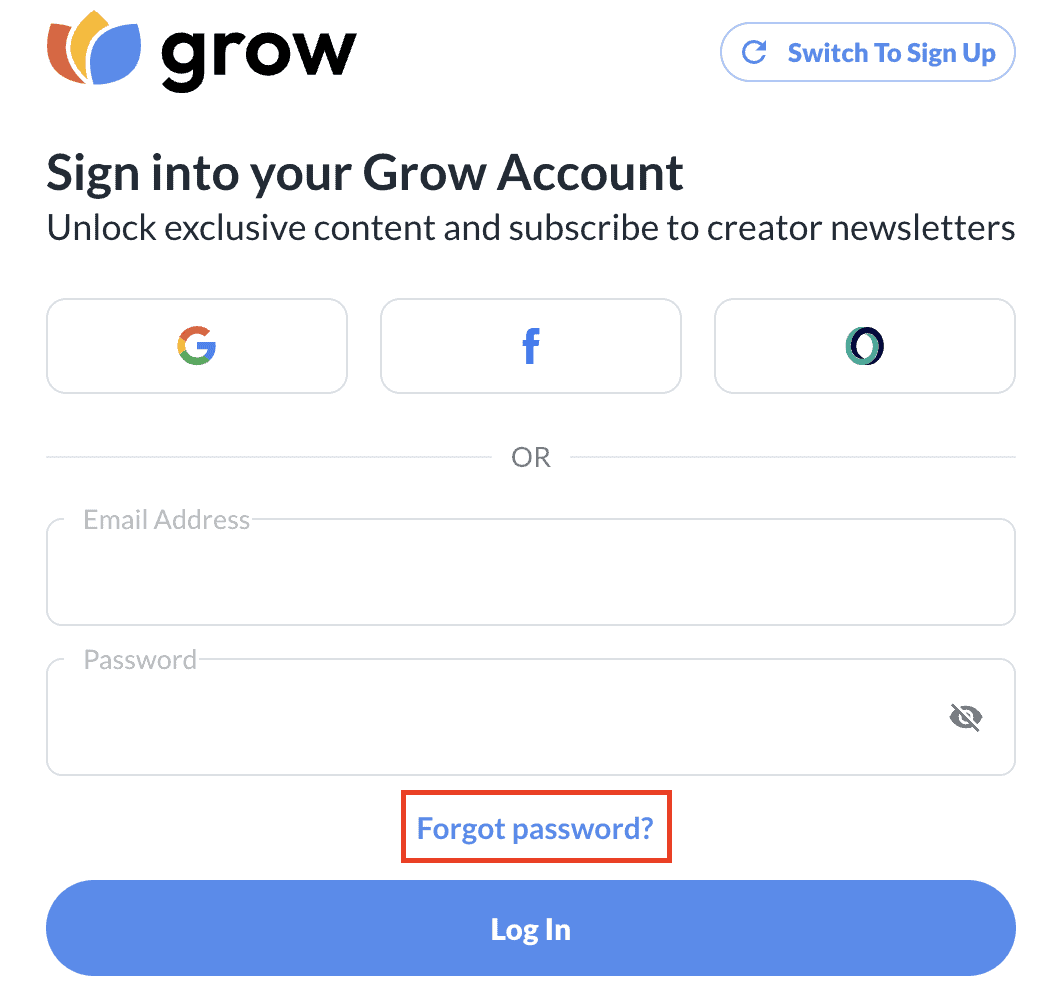 A white box providing the opportunity to create an account with Grow.